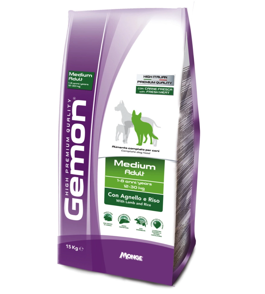 Crocchette cane monge gemon medium adult con agnello e riso - 15  kg